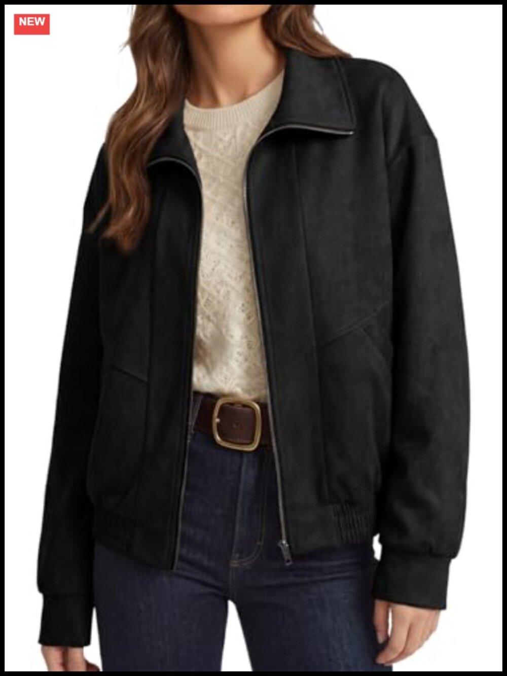 Faux Suede Full Zip Jacket Long Sleeve Casual Coat Loose Fit w Pockets